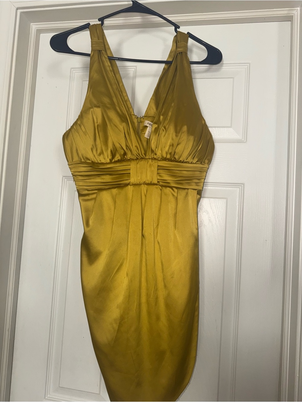 Ardene Satin V-Neck Empire Waist Dress in Mustard